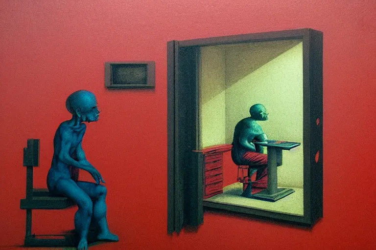 Prompt: man hating his printer, office in miniature, office walls sprayed and tagged with graffityand edding markers, in the style of beksinski, parts by edward hopper, parts by michael sowa, parts by yue minjun, intricate composition by bosch, red by caravaggio, insanely quality and details, masterpiece