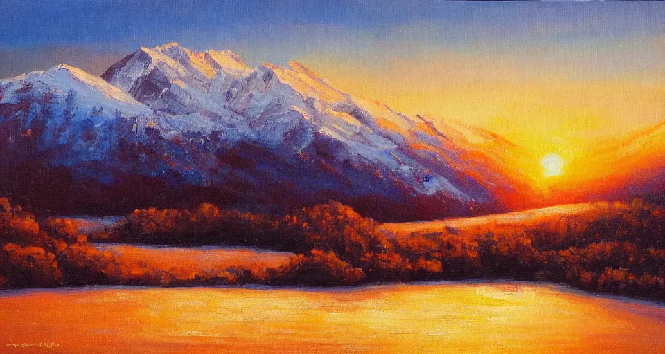 Image similar to landscape painting of snowy mountains at sunset, beautiful painting, oil on canvas, golden hour, by Ewa Czarniecka, award winning masterpiece,