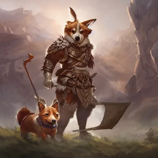 Prompt: a corgi barbarian, d & d character art, fantasy, hyperrealistic, extremely detailed digital illustration, greg rutkowski, artgerm, trending on artstation, masterpiece, award - winning, 8 k