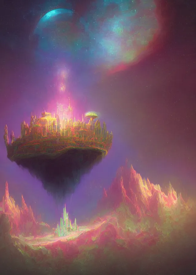 Image similar to an ultra detailed midjourney concept digital art painting of a singular floating island castle, levitating across space in a misty pearlescent nebula by paul lehr kazumasa uchio situated in a starry expanse of bioluminescent cosmic worlds by beksinski and beeple, ecological art, flying citadel with towers, trending on artstation