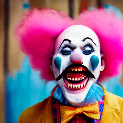 Prompt: a smiling clown with sharp teeth eating cotton candy laughing 24mm shallow dof