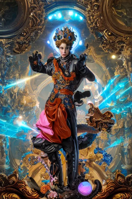 Prompt: full-body rococo and cyberpunk style sculpture of a young handsome Spanish prince half android with a chest exposing a glowing orange gem, glowing pink laser eyes, crown of blue gears and giant diamonds, swirling salmon-colored silk fabric, robotic raptors dinosaurs. baroque elements. full-length view. intricate artwork by caravaggio. Trending on artstation, octane render, cinematic lighting from the right, hyper realism, octane render, 8k, depth of field, 3D