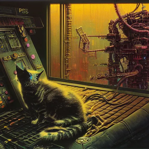 Prompt: siouxsie sioux petting cat, cybertronic gadgets, dirty colours, rotten textures, rusty shapes, biotechnology, bao pnan, tim hildebrandt, wayne barlow, bruce pennington, donato giancola, larry elmore, oil on canvas, denoise, masterpiece, featured on pixiv, cinematic composition, hyper - detailed, hd, hdr