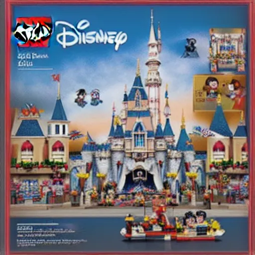 Image similar to Box art for a LEGO set of the entire Disneyland park