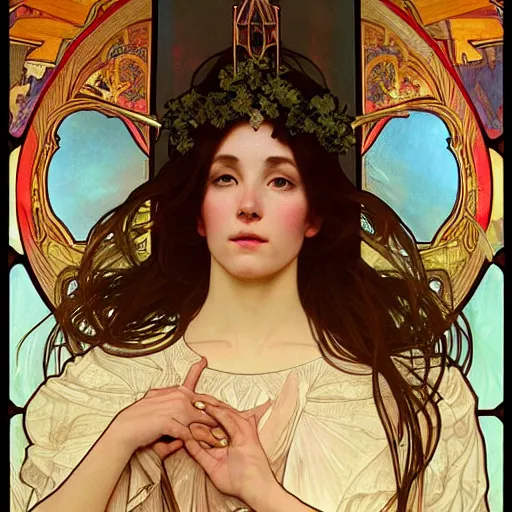 Image similar to a Portrait of A goddess in a church with a holy light emanating from her body by wlop and alphonse mucha,In style of digital art illustration.hyper detailed,smooth, sharp focus,trending on artstation,4k