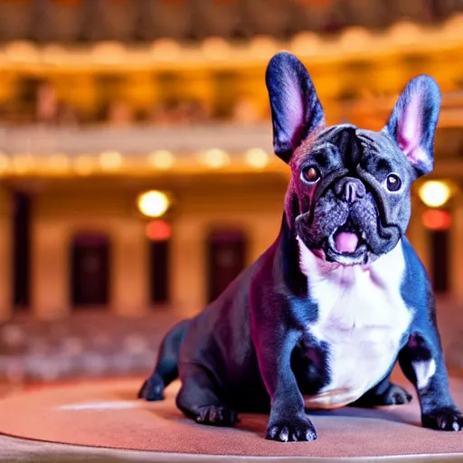 Prompt: professional stage photography of a french bulldog in an opera gown