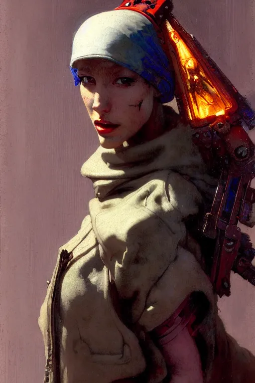 Image similar to full character portrait max mad cyberpunk warhammer 4 0 k, barbarian tech priest supersoldier not the girl with the pearl earring character design, painting by gaston bussiere, katsuya terada, nc wyeth, greg rutkowski, craig mullins, vermeer, frank frazetta, mucha, tom of finland, trending on artstation, jeffery catherine jones