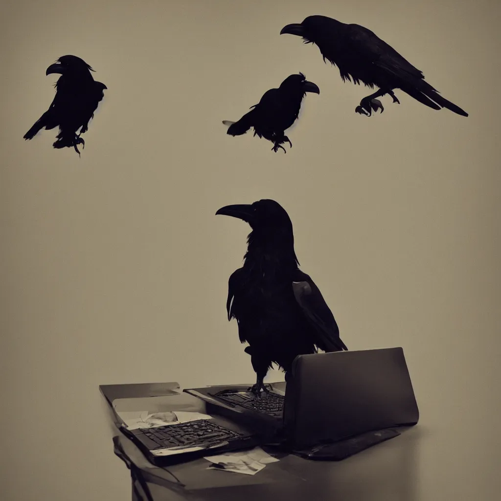 Prompt: a photograph of a raven using a computer, filmic, dramatic lighting