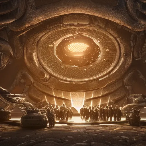 Image similar to starship exiting stargate made of molten honeycomb structure, intricate detail, royo, whealan, giger, hd, 8 k, octane render, unreal engine,