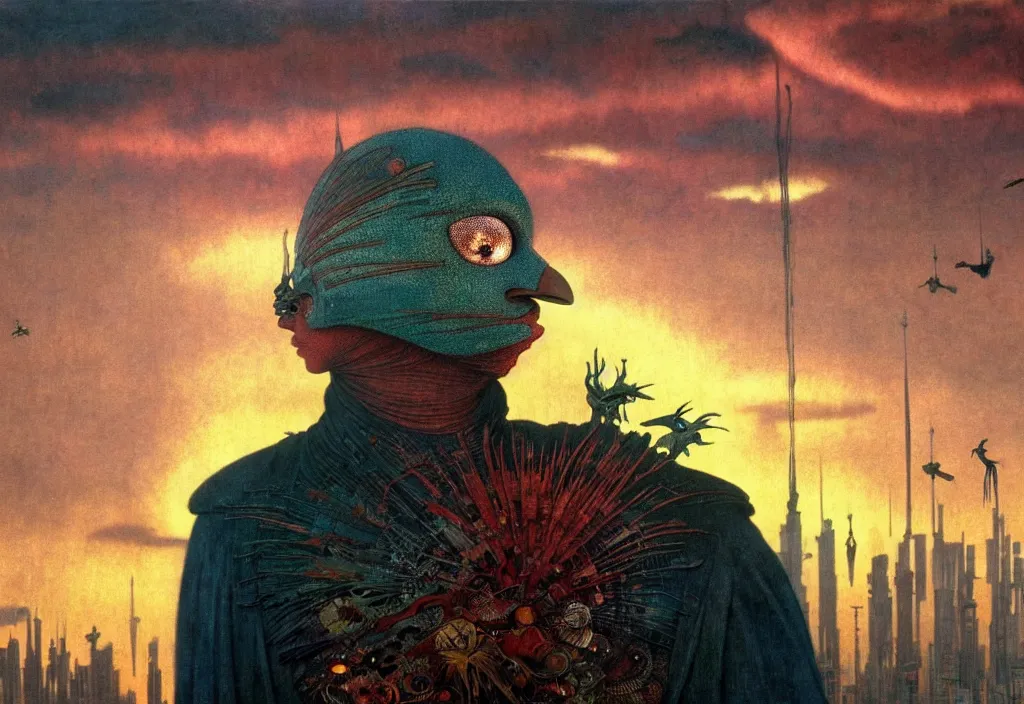 Image similar to realistic detailed portrait movie shot of a birdman wearing dark ragged robes, futuristic city sunset landscape background by denis villeneuve, amano, yves tanguy, alphonse mucha, ernst haeckel, max ernst, roger dean, rich moody colours, cinematic closeup