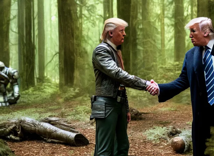 Image similar to donald trump shaking hands with han solo on the forest moon of endor, 3 5 mm photography, highly detailed, cinematic lighting