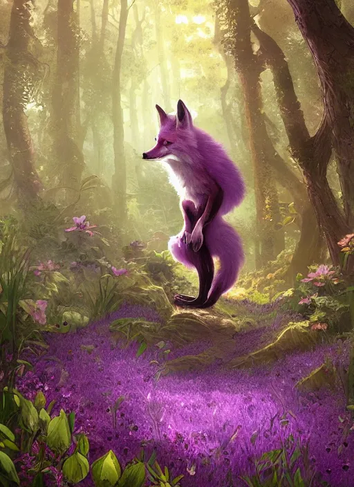 Image similar to Magical fox, sneaking in a forest, fantasy, painting, violet flowers, illustration, high quality, highly detailed, Marc Simonetti, Andreeva Katerina