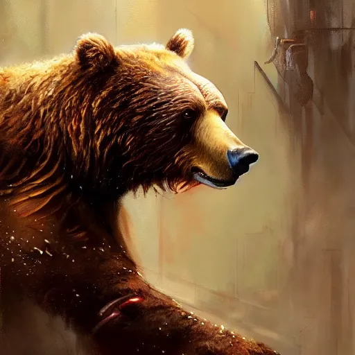 Image similar to stunning portrait of a brown bear, painting by Raymond Swanland, cyberpunk, sci-fi cybernetic implants hq