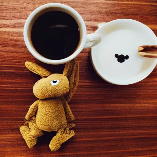 Image similar to a huggable brown chibi plush rabbit muppet monk wearing a wolf skull and dat beside a cup of tea, photorealistic, nature, photography, national geographic, sesame street