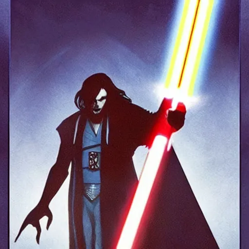 Image similar to morbius. morbius!!!!!!!!!! morbius. morbius holding a lightsaber. and skywalker, pyramids in background.