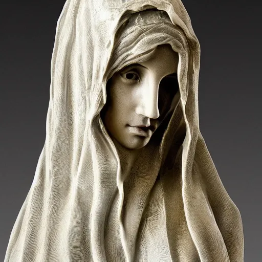 Prompt: a masterpiece marble sculpture of the veiled hooded virgin, subsurface cracks, !dramatic !face, !female, covered in intricate !detailed golden !!streaked veil , physically based rendering, ultra photo realistic, cinematic lighting , dark background by Dan Hillier