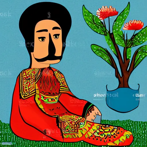 Prompt: mustachioed mexican vaquero sitting, persian folktale artstyle