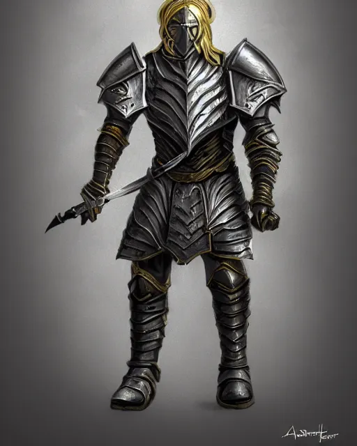 Image similar to fantasy warrior in full armor, silver with gold trim, concept art, minimal, deviantart, trending on artstation,