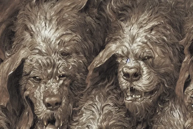 Image similar to cerberus hyperdetailed photo of a cerberus by ed binkley, ilya repin, alex horley, johfra bosschart, craig mullins, three head one body, cerberus, details