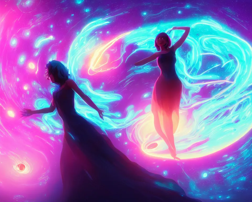 Image similar to a beautiful whimsical woman standing under a multi-colored binary blackhole with an accretion disc, casting magic, glowing trails following her arms, acidwave, by Lois van Baarle, by Greg Rutkowski, by artgerm, by beeple, by studio ghibli, cinematic angle, volumetric lighting, 4k resolution, octane render, trending on artstation, masterpiece