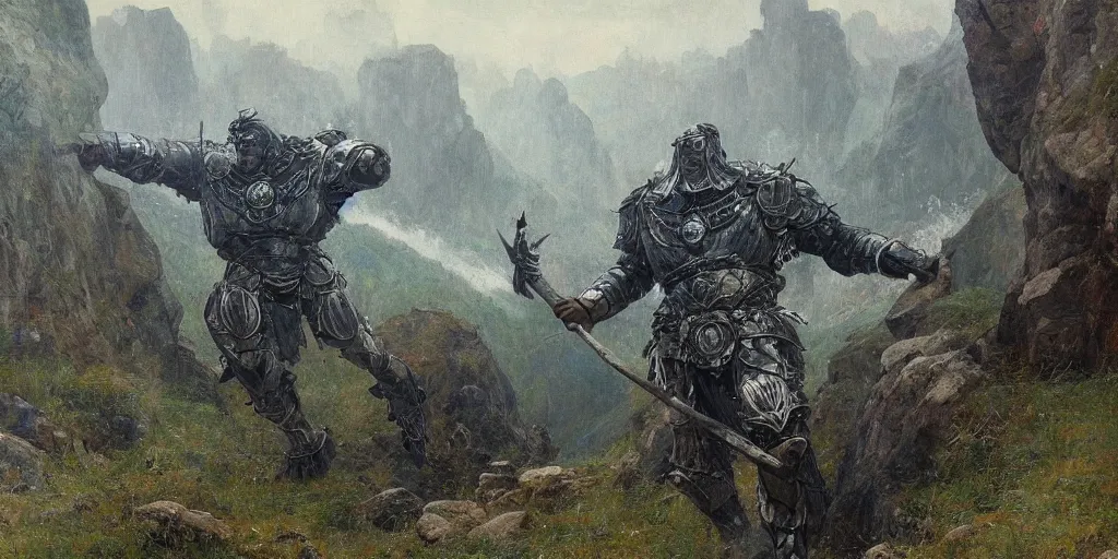 Prompt: full body blued-steel titan colossus in pacing through hills, river, mountain valley to fortress, with armour, fine art, artstation, matte painting, masterpiece by vasnetsov and surikov