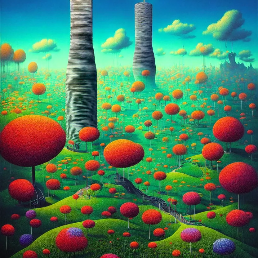 Prompt: surreal glimpse into other universe, mahanakorn tower, summer morning, very coherent and colorful high contrast, art by!!!! gediminas pranckevicius!!!!, geof darrow, floralpunk screen printing woodblock, dark shadows, hard lighting, stipple brush technique,