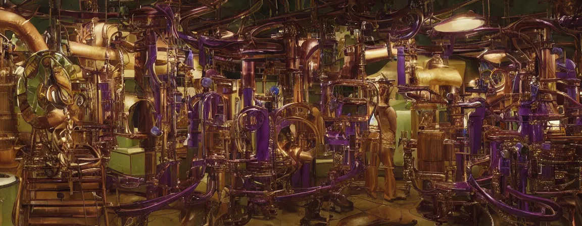 Prompt: a super high resolution film still of machine apparatus for making snake oil, huge copper machine with purple and green intricate pipework, art by andrey remnev, and bruce pennington, directed by denis villeneuve, cinematography by robby muller, fine detail, kodachrome 8 k, snake machine, cinematic lighting