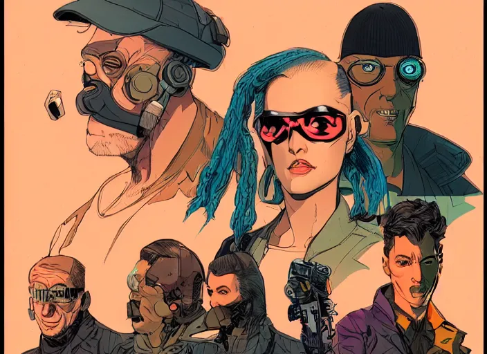 Image similar to cyberpunk heist crew. portrait by stonehouse and mœbius and will eisner and gil elvgren and pixar. character design. realistic proportions. dystopian. cyberpunk 2 0 7 7, apex, blade runner 2 0 4 9 concept art. cel shading. attractive face. thick lines.