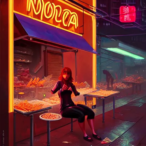 Image similar to splash art of anthropomorphic female vulpes vulpes fulva woman sitting at a noodle stand eating noodles in the crowded street of a cyberpunk city, rain, harsh neon lighting, realistic, ultra detailed, by greg rutkowski, wlop, sakimichan, artgerm