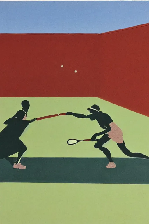 Prompt: an illustration of a tennis match by Edward Hopper. Screen Printed. Paper texture