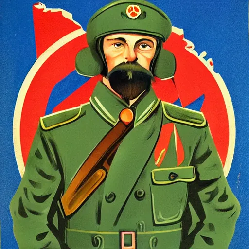 Image similar to soviet propaganda poster depicting a dromaius novaehollandiae in military uniform