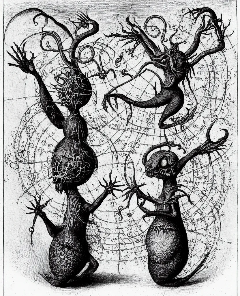 Image similar to whimsical freaky creature sings a unique canto about'as above so below'being ignited by the spirit of haeckel and robert fludd, breakthrough is iminent, glory be to the magic within