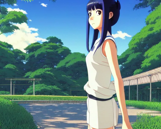 Image similar to hinata hyuga, park in background, bokeh. anime masterpiece by Studio Ghibli. illustration, sharp high-quality anime illustration in style of Ghibli, Ilya Kuvshinov, Artgerm