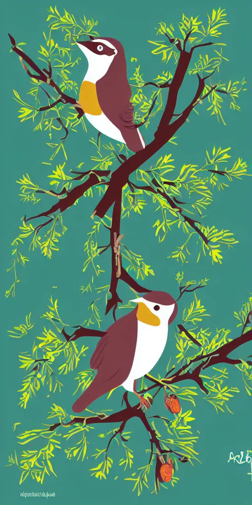 Prompt: shirt design, vector style, a warbler on a branch of a tree with prunes flowers, fresh modern look, made with photoshop,