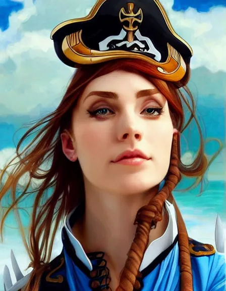 Prompt: fully clothed armed female pirate captain. sun, summer, blue eyes, beauty, wisdom, love, strength, knowledge, smart, portrait, symmetrical, highly detailed, digital painting, artstation, smooth, sharp focus, illustration, strength, art by artgerm and alphonse mucha and louis theophile hingre. 8 k