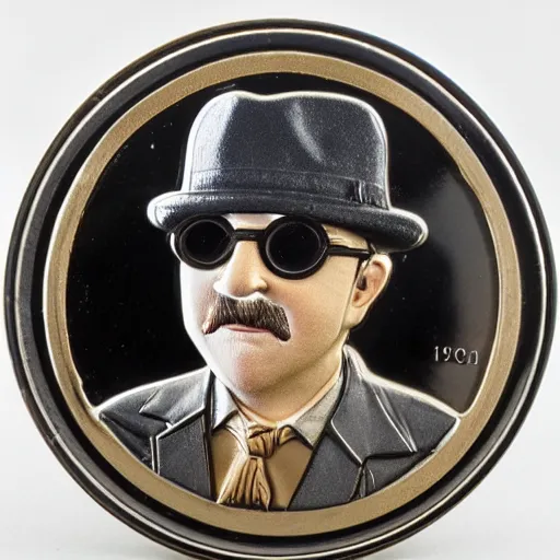 Image similar to A photograph of a high quality swiss chocolate coin that is engraved with a portrait of leon redbone wearing a cap from 1975, highly detailed, close-up product photo, depth of field, sharp focus, appetizing, foil nearby