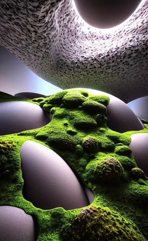 Image similar to highly detailed ultra sharp 3 d render cinematic composition of a smooth ceramic porcelain biomorphic magnolia stone nebula fluid fractal sci - fi surreal architecture landscape, granite, metallic, magnesium, marble, moss and lichen, vincent callebaut composition, mamou - mani, archviz, beautiful lighting, 8 k, unreal engine, hdr,