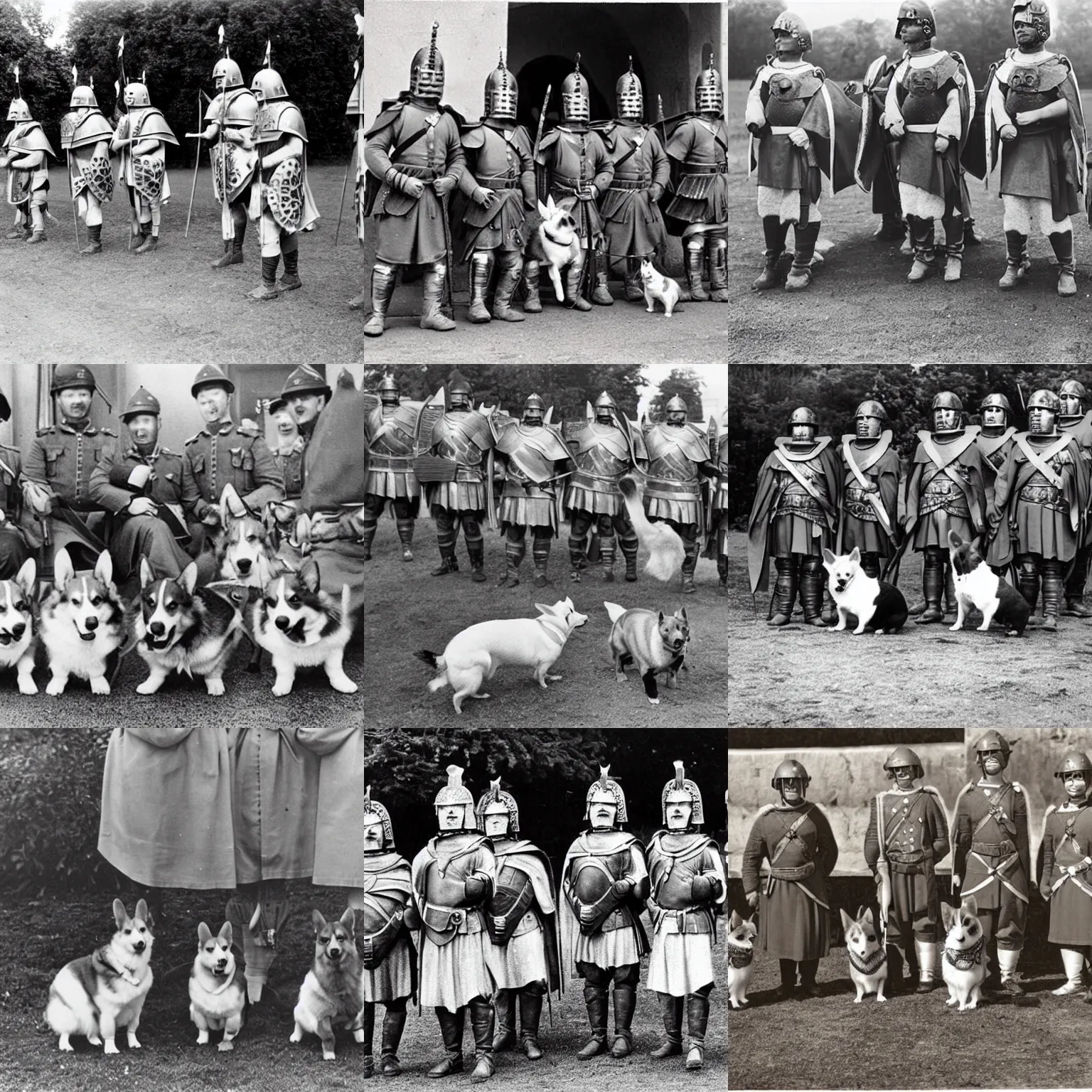 Prompt: historical photograph of a group of corgis dressed as roman legionaries