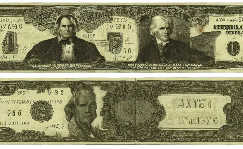 Prompt: rectangular photograph of four dollar u. s. currency note featuring steve martin