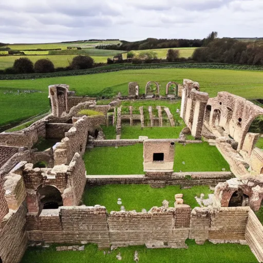 Image similar to a drone photo of a Roman Villa in Roman England 350 AD