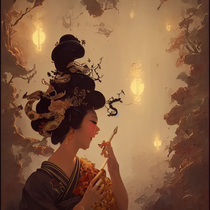 Image similar to asian geisha, by peter mohrbacher, intricate detail, artstation, artgerm, in the style of darkness fantasy, rococo, gold leaf art, rime lighting