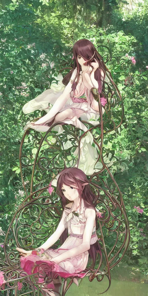 Image similar to a digital art of a loli with long hair in a dress sitting on a metal garden chair in the privet garden at afternoon, green and warm theme, back lighting, by krenz cushart and mucha and akihito yoshida and greg rutkowski and makoto shinkai, extremely long shot, detailed eyes, 4 k resolution, trending on art station