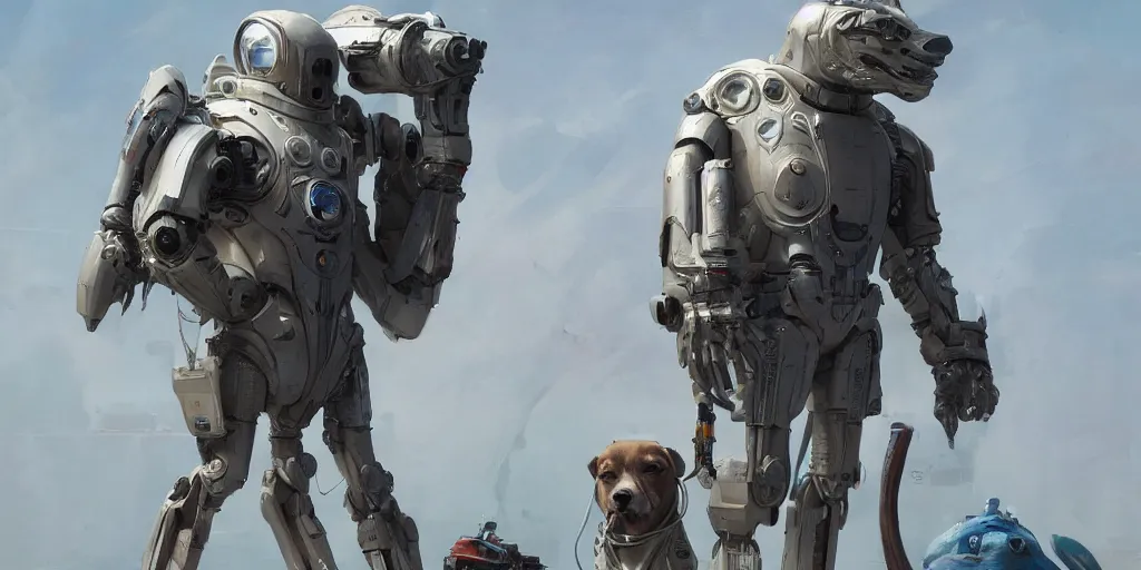 Image similar to sci fi humanoid dog characters, Moebius, Greg Rutkowski, Zabrocki, Karlkka, Jayison Devadas, Phuoc Quan, trending on Artstation, 8K, ultra wide angle, pincushion lens effect