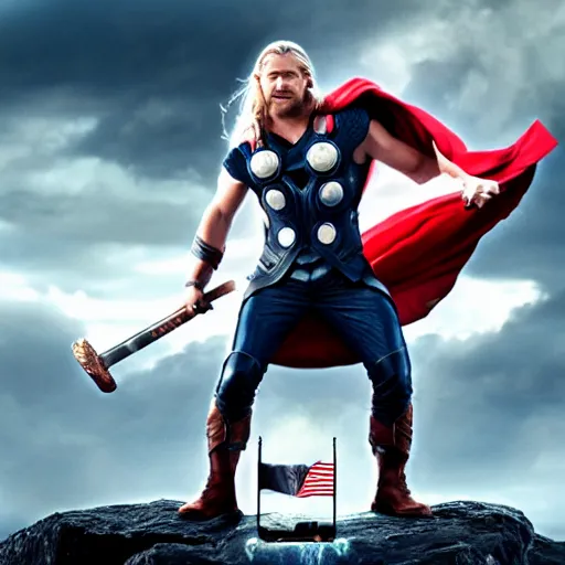 Image similar to a photo of thor with the hammer riding an epic dragon while holding the american flag and an electric guitar, ultrarealistic, 4 k, raytracing