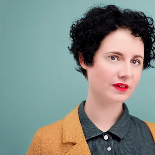 Prompt: a woman, short curly black hair, round face, still from a Wes Anderson Movie,