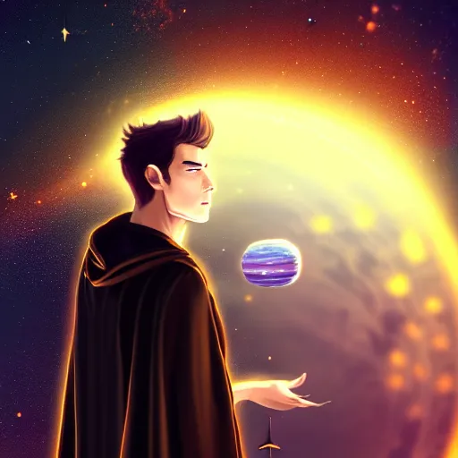 Image similar to a man with with brown hair, wearing a black robe with the tips made of gold, setting in space with a galaxy in the backround, depth of field, on amino, by sakimichan patreon, wlop, weibo high quality art on artstation