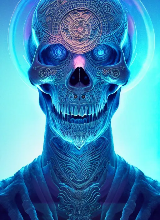 Image similar to 3 d shaman with tattoos profile portrait, sigma 5 0 0 mm f / 5. beautiful intricate highly detailed skull. bioluminescent, plasma, frost, water, wind, creature, gradient background, thunderstorm! artwork by tooth wu and wlop and beeple and greg rutkowski, 8 k trending on artstation,