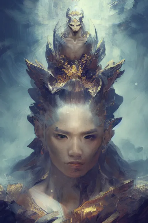 Image similar to Japanese god, portrait, powerfull, intricate, elegant, volumetric lighting, scenery, digital painting, highly detailed, artstation, sharp focus, illustration, concept art, ruan jia, steve mccurry