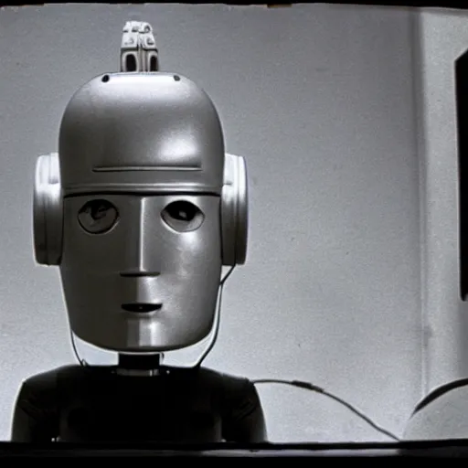 Image similar to The man with robot head, movie still, cinematic composition, movie by David Lynch