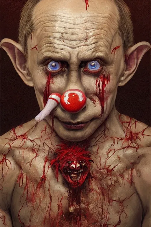 Prompt: photorealistic portrait photograph of vladimir putin as a pathetic goblinoid demon clown, kobold, upper body, fantasy, bloody, depth of field, soft focus, highly detailed, intricate, realistic, national geographic cover, soft glow, textured, artstation, concept art, sharp focus, illustration, art by artgerm and greg rutkowski and alphonse mucha